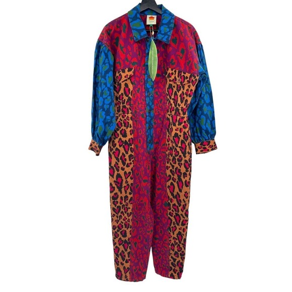 Farm Rio Small Mixed Leopard Pop Jumpsuit Coverall Size Small Cotton Denim Print - Picture 3 of 14
